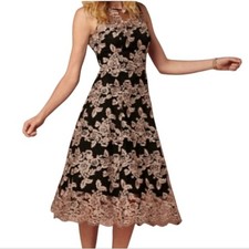 Hitherto Tonya Black & Blush Pink Floral Lace Tea Length Formal Cocktail Dress