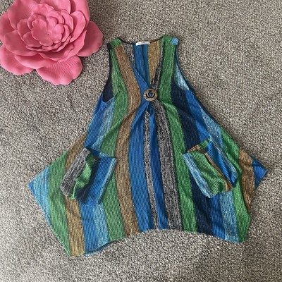 PARADISE Sz M/L Sheer Mesh Tunic Top Sleeveless Cover Up Asymmetric Stripe Boho