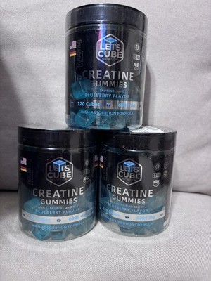 Lets Cube Nutrition Creatine Gummies 6000mg Blueberry L-Taurine B12 3 Pack 120