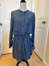 DENIM DRESS Gap Blue Tencel Long sleeved Knee Length Shirt Dress Size M Pockets