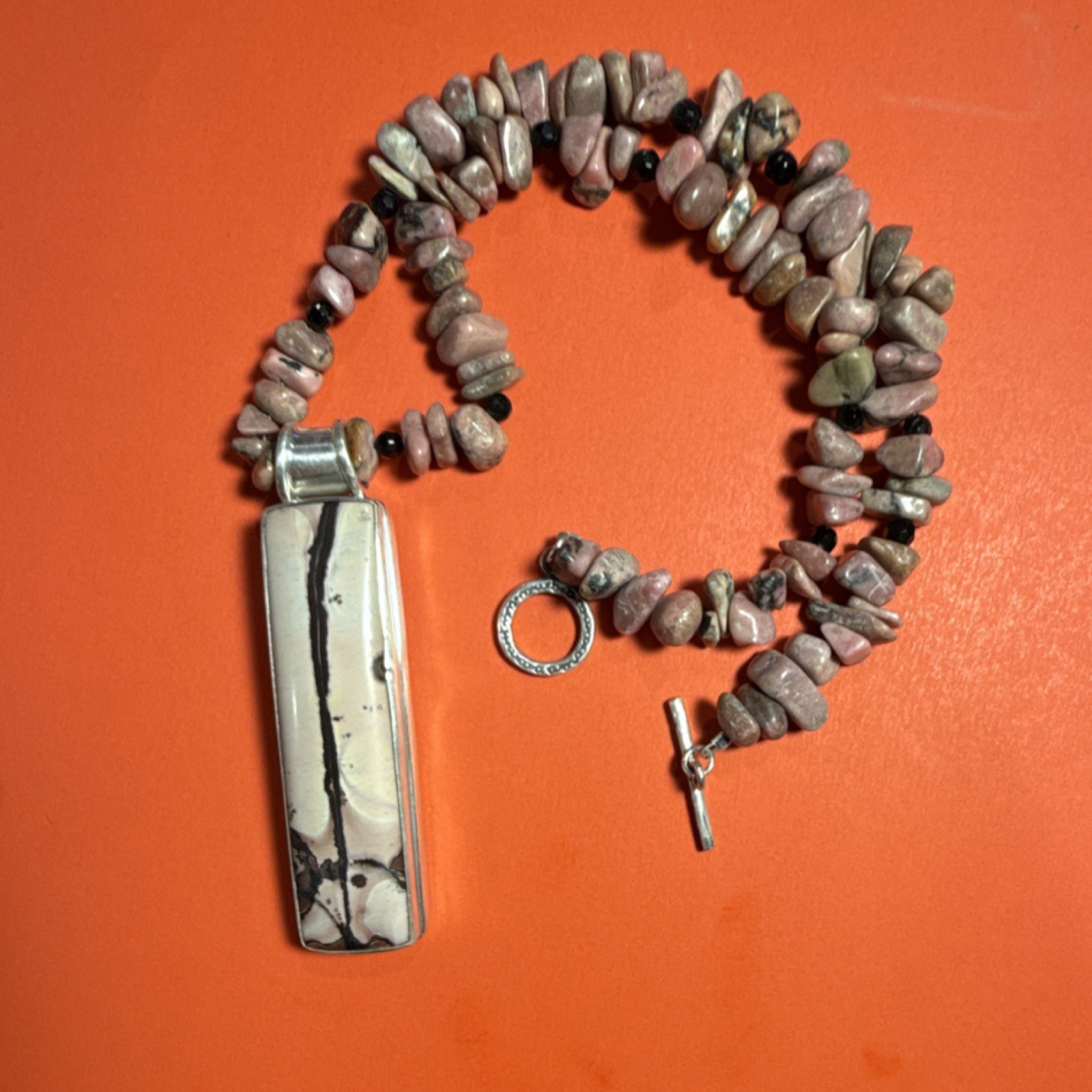 Sterling Silver 925 Rhodonite Necklace & Earrings… - image 1