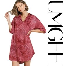 S/M UMGEE BURGUNDY Tie Dye linen blend Collar Scoop Hem Shirt Dress/Tunic BHCS