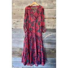 Soft Surroundings Beaded Cuff Floral Tiered Maxi Dress XS Red Sheer Boho Button