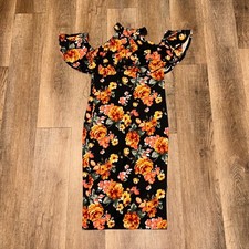 & Harmony Black Botanical Floral Cold Shoulder Halter Midi Dress Small NWT