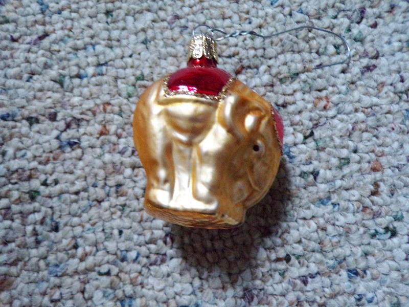 Vintage Glass Christmas Ornament Gold  with Red Elephant Czech Republic