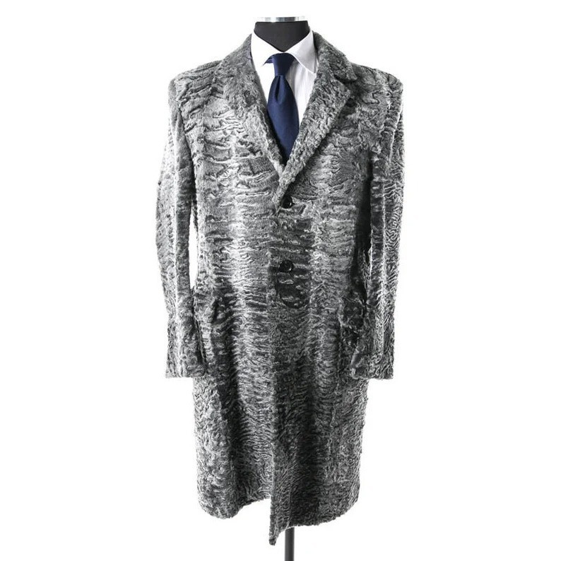 Handmade Men’s Long Persian Lamb Fur Coat – Grey Genuine Astrakhan Jacket image 3