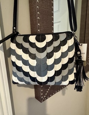 Gianni Conti Italian Leather Crossbody Bag NEW Black Gray White Scallop