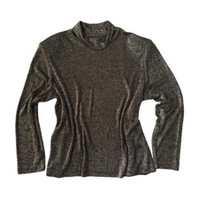 Vintage 70s Gold  Black Metallic Cowl Neck Shirt Glam Party Shiny Disco Top XL