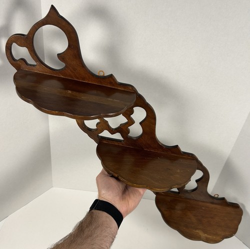 Vintage Scroll Cut Fretwork Mahogany? Walnut? Angled Slanted Wall Shelf Trinket