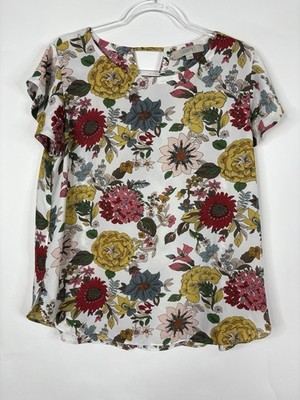 LOFT Blouse Womens L Red Yellow Floral Lightweight Keyhole Back Office Career