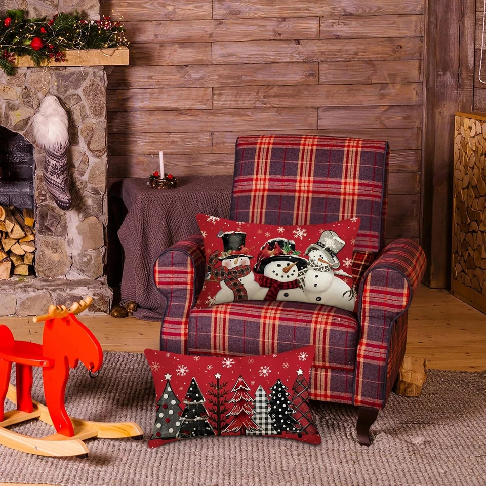 Red Christmas Pillow Covers 12X20 Inch Set of 2, Xmas Trees Snowman Pillowcases  - Image 4 of 4