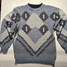 Vintage 80  s/90  s Men  s Patterned Pullover Sweater Blue Black White