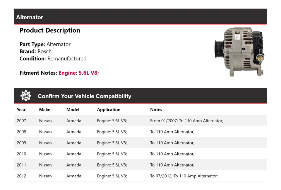 Alternador Bosch para Nissan Armada 2007-2012 5,6 L V8 (remanufacturado) 2008 2009 Foto 2 de 4