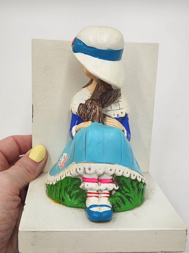 Vintage 1960's Earl Bernard Bookends Girl w/Blue Patched Dress Holding Dog Kitch - Picture 9 of 23