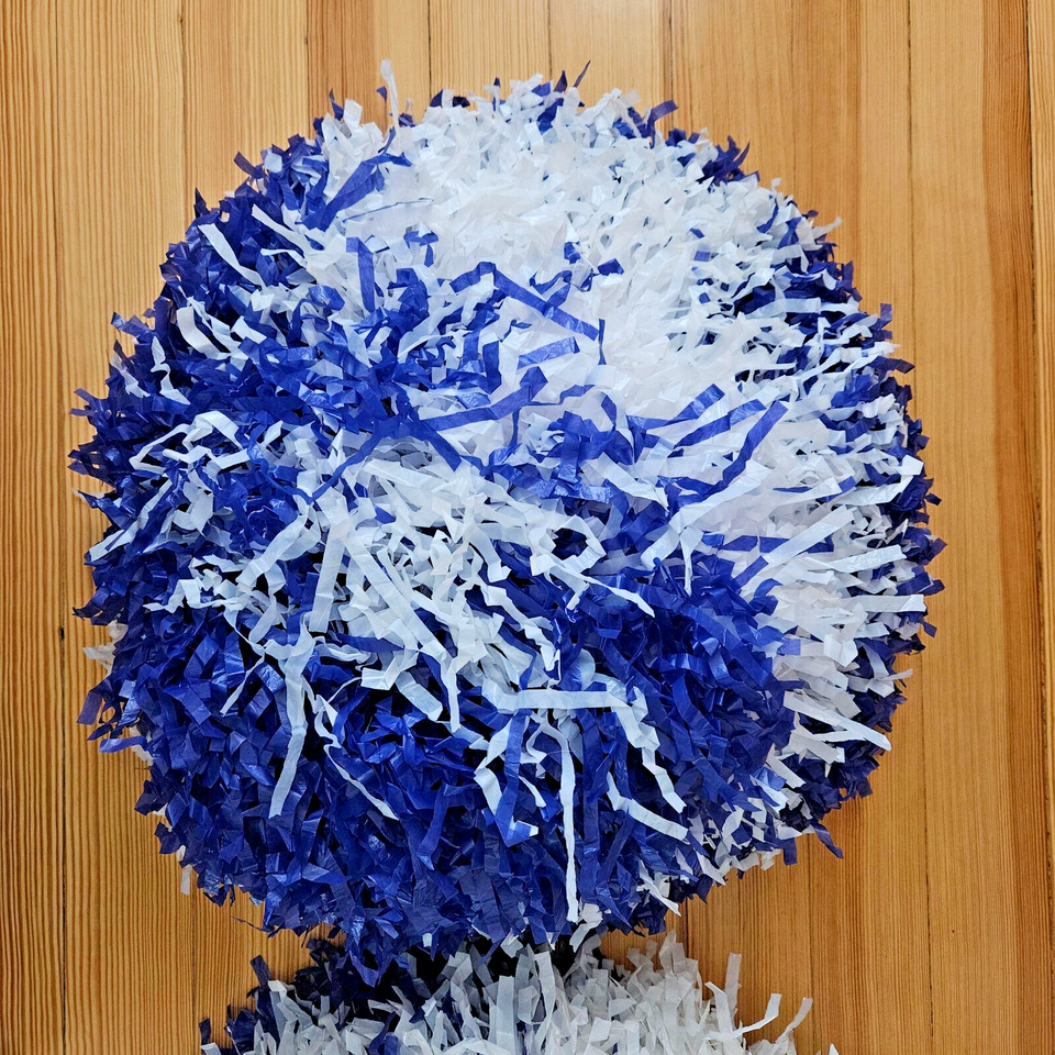 2 Vintage 1970s Large Cheerleader Pom Poms, Blue & White, Wood Handle w