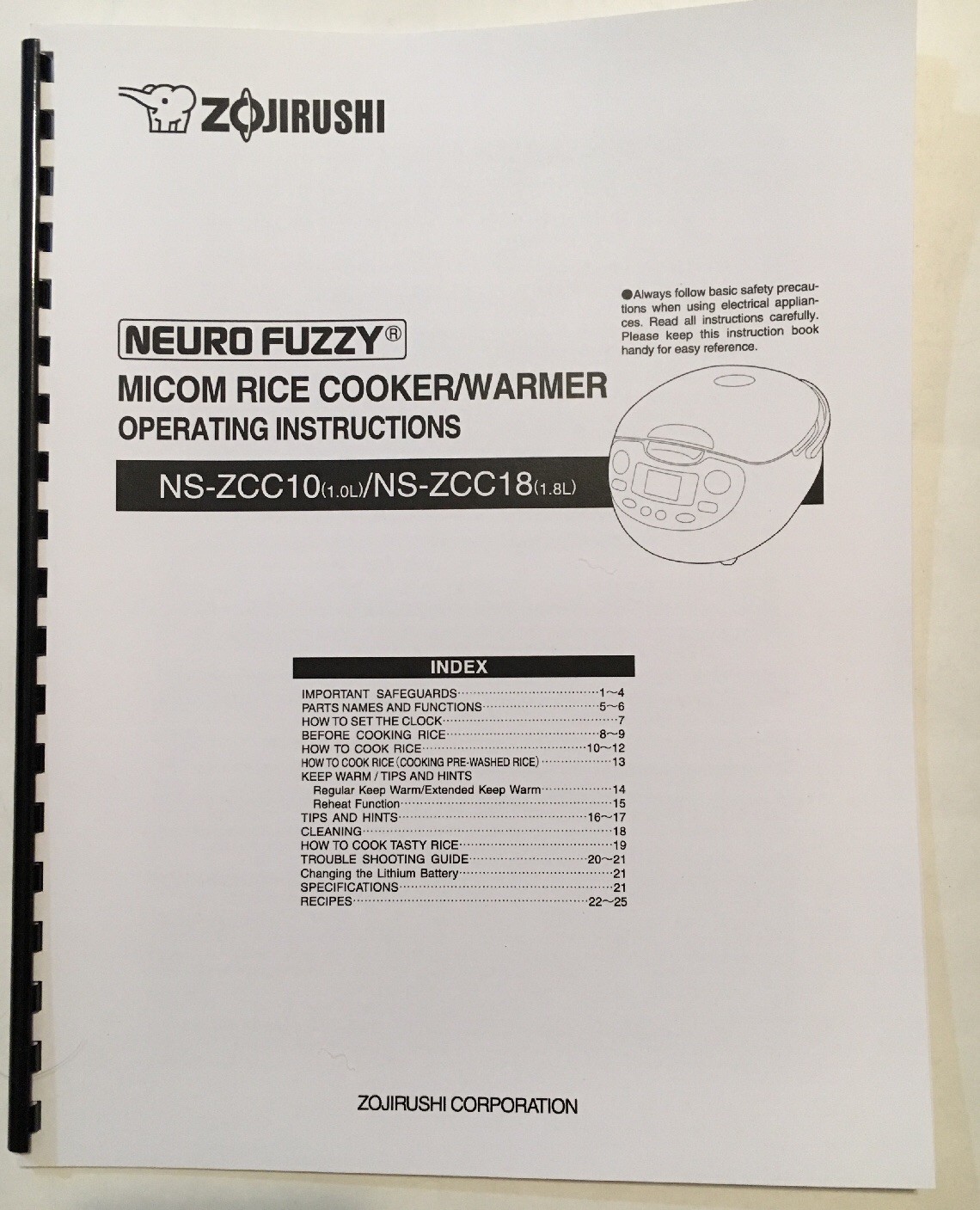 OWNER'S MANUAL for ZOJIRUSHI NEURO FUZZY RICE COOKER NS-ZCC10 NS-ZCC18 |  eBay