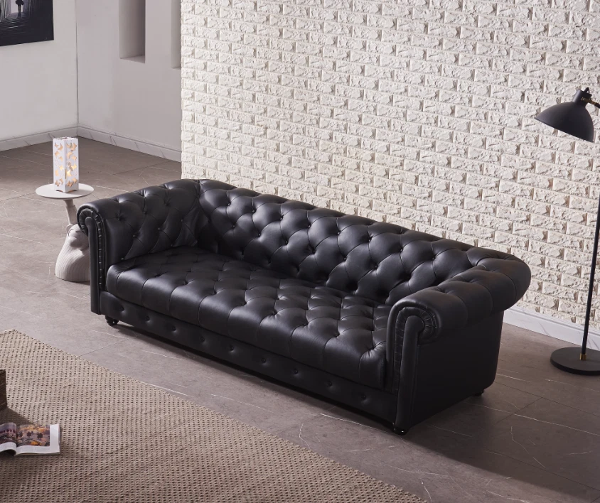 Precioso sofá de cuero italiano premium negro moderno estilo Chesterfield #1166 Foto 4 de 4