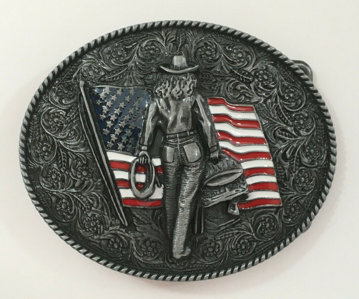 Western Cowgirl Belt Buckle American West Cow Girl USA Flag 