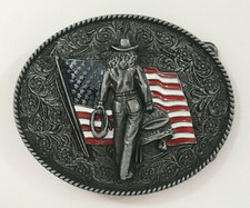Western Cowgirl Belt Buckle American West Cow Girl USA Flag