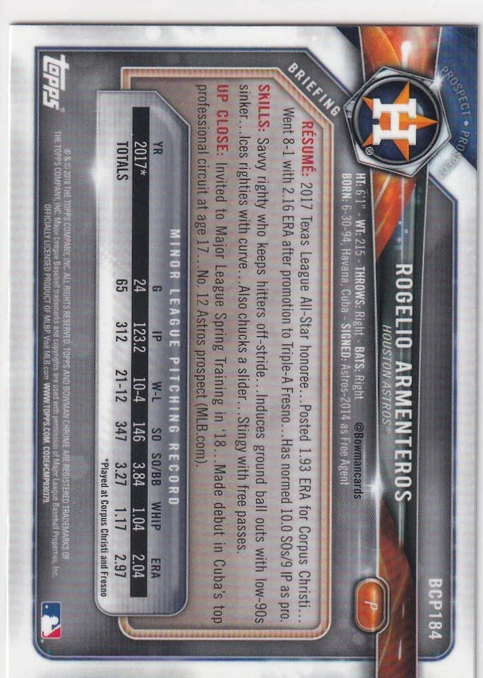 2018 BOWMAN CHROME 1ST RC ROGELIO ARMENTEROS HOUSTON ASTROS FIRST (QTY) S3992 - Image 2 of 2