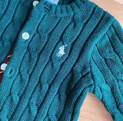 Vintage Ralph Lauren Baby Polo Wool Cable-Knit Button Up Classic Green Sweater - Picture 7 of 10