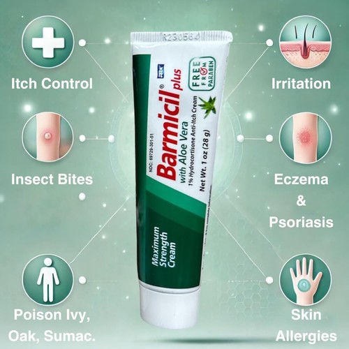 Barmicil Plus Cream w/ Aloe Vera 1% Hydrocortisone Skin Allergies, Anti Itch 1oz - Picture 8 of 9