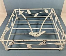 Napkin Holder White Metal Shabby Bird & Leaf Design Flat Weighted Arm Chic Farm