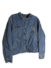 Vintage Carhartt Jacket JP1088 Aztec Lined Denim Blue Coat Size Medium Stains