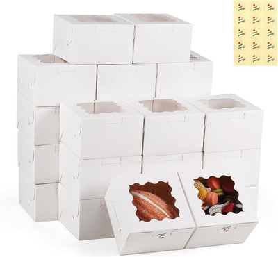 20 Pack Cookie Boxes with Window, 4X4X2.5 Inch White Bakery Box, Kraft Paper Tre