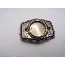 Vintage Western Belt Buckle Gold Tone Blue Enamel Floral Engraved Scalloped Edge