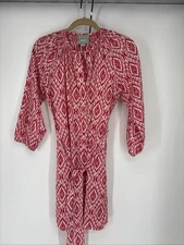 MAEVE Shirt Dress Frequencies Red White Ikat Shift Lightweight Smocked Small
