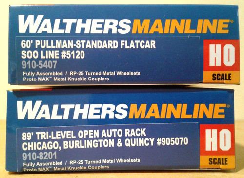 LOTE DE 2 FLATCAR SOO LINE ESCALA HO WALTHERS #5120 y 89' autorack cb&q | Zustand: New
