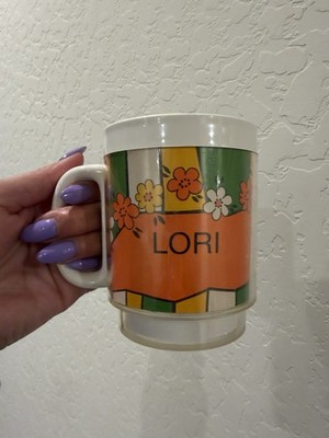 vintage Thermo Serv mug with a retro floral pattern and the name ''Lori''