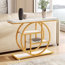 Industrial 4-Tier Sofa Table 41.3" Console Table with Storage Shelves White Gold