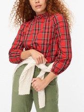 Ladies Red Stewart Tartan Ruffle Neck Top - UK Size 4 to 28/30 (US XXS to 3X)