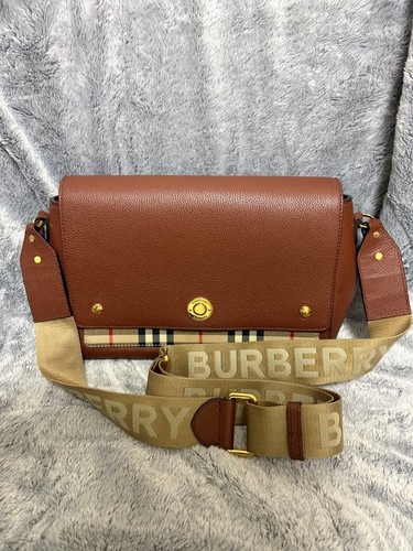 BURBERRY Brown Leather Shoulder Bag Logo Strap 25cm 9.8in Vintage Rare Used JP