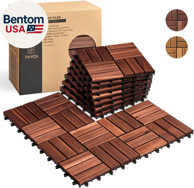 10 Pcs Premium Acacia Wood Interlocking Deck Tiles (12'' X 12''), Deck Flooring Ou
