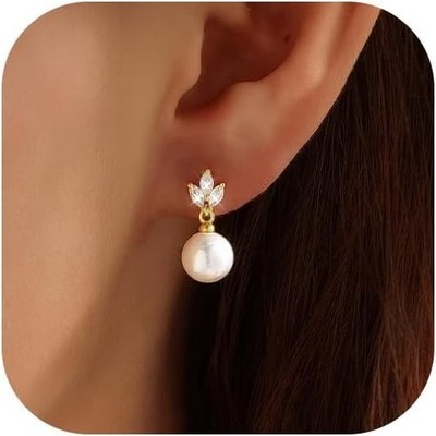 14K Gold Plated Pearl Drop Earrings for Women CZ Wedding Bridal Shower Jewelry!!
