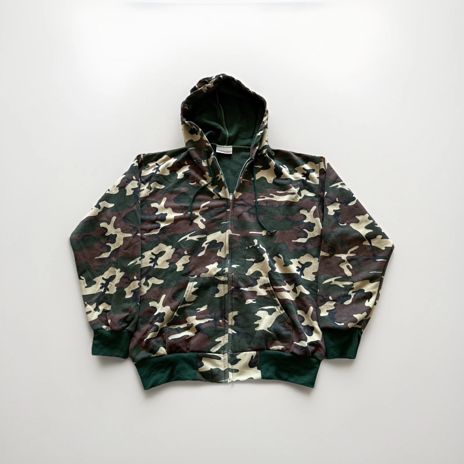Camo Hoodie Men’s L Fleece Thermal Lined Woodland 90s Sweatshirt Vintage