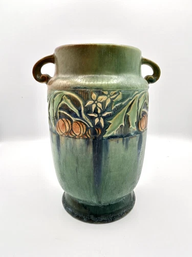 ROSEVILLE GREEN BANEDA VASE-PAPER LABEL-MOLD & COLOR-EXCLNT-7.25”H- 1932- #592-7