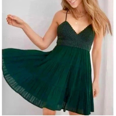 NWT Aerie Crochet Gauzy Tiered Mini Sun Dress Women Size L Green Lined Coquette