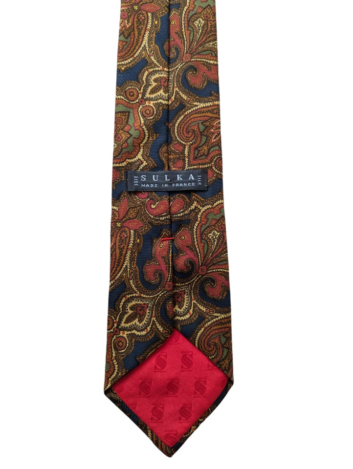 Lote DE 2 Corbatas Cuello Sulka 100% Seda Floral Rojo Marrón Hechas a Mano en Francia De Colección Foto 4 de 4