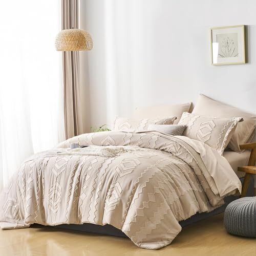 Comforter Set, 7 Piece Bed in a Bag Boho Tufted Geometric Queen Beige-image