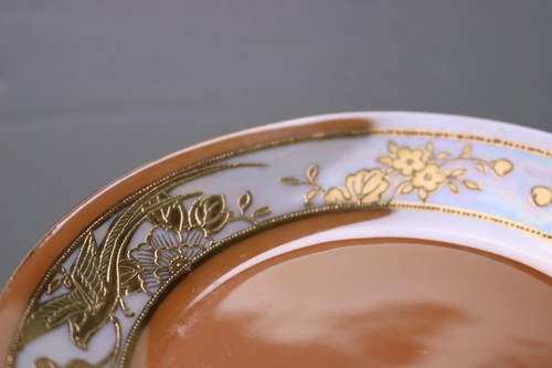 Morimura Orange Lusterware Encrusted Gold Leaf Phoenix Bird 6 Plates Japan 6.5" - Picture 4 of 7