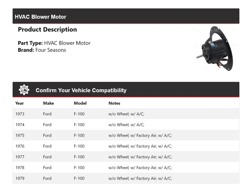 For 1973-1979 Ford F-100 HVAC Blower Motor 4 Seasons 1974 1975 1976 1977 1978 - Image 2 of 4