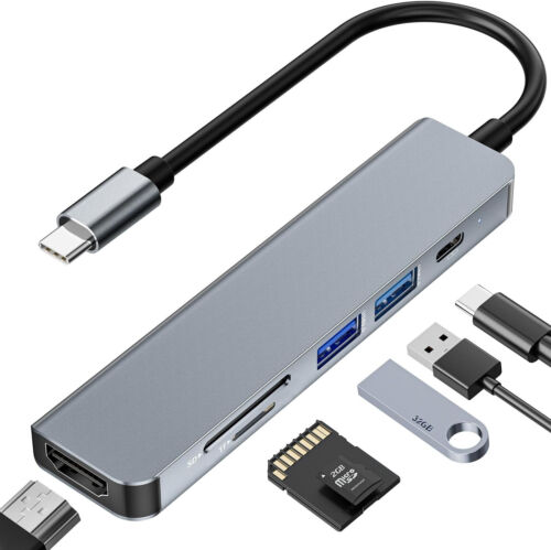 6 in 1 USB C Hub w/ 4K HDMI Display Type A 3.0 Data Ports SD/TF Card Reader 100W