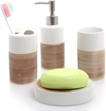 4 Piece White and Beige Ceramic Bathroom Accessories Set, Toothbrush Holder