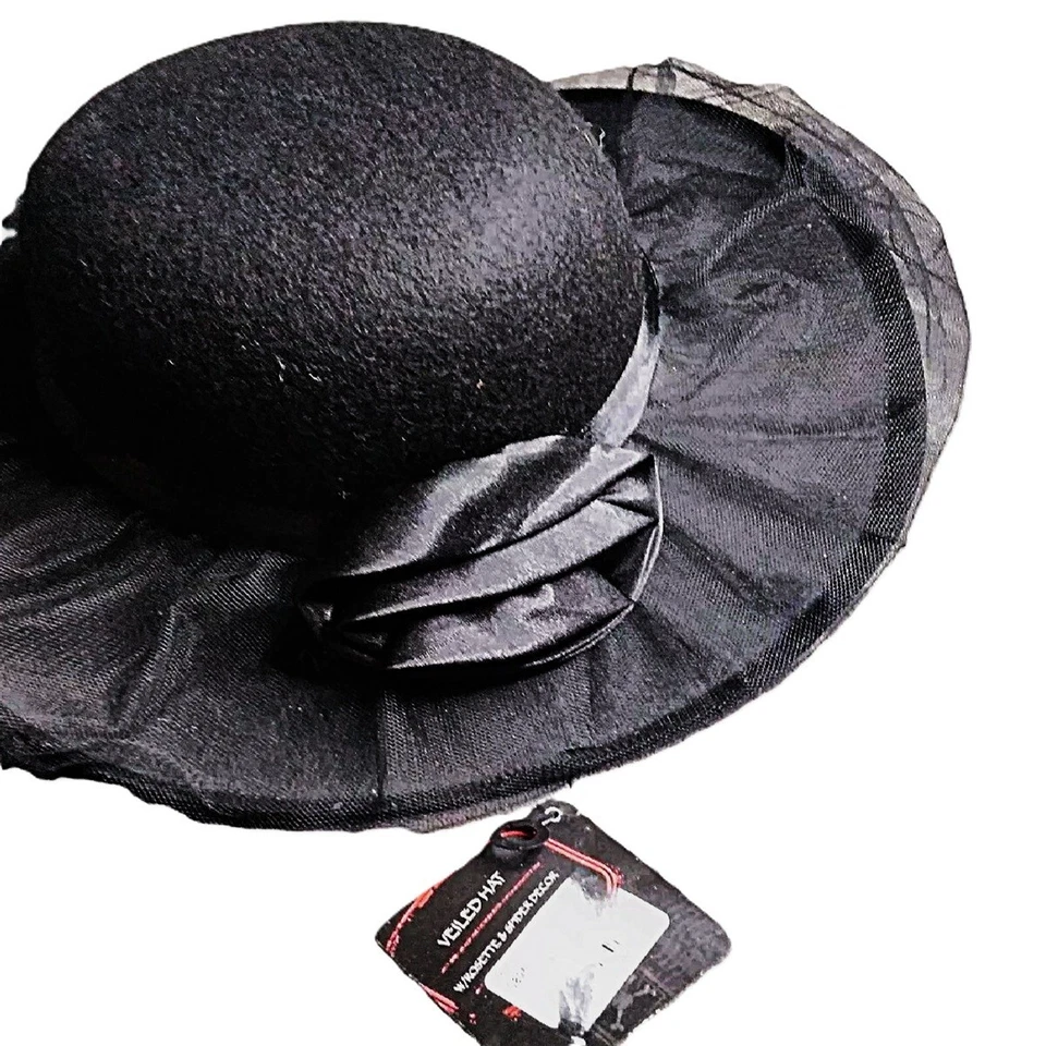 Goth BLACK MOURNER HAT VEIL Rosette Spider Steampunk Halloween Costume Accessory - Image 3 of 4