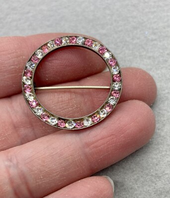 Vtg Circle Brooch Sterling Silver SS 925 Pink Clear Crystal Rhinestone Channel