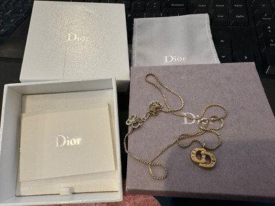 Christian DIOR Necklace Logo Gold plated Chain Rhinestone CD